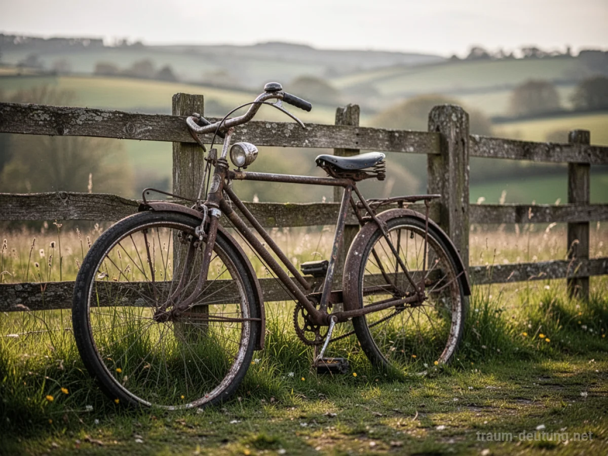 Ein altes Fahrrad lehnt an einem Holzzaun auf dem Land.