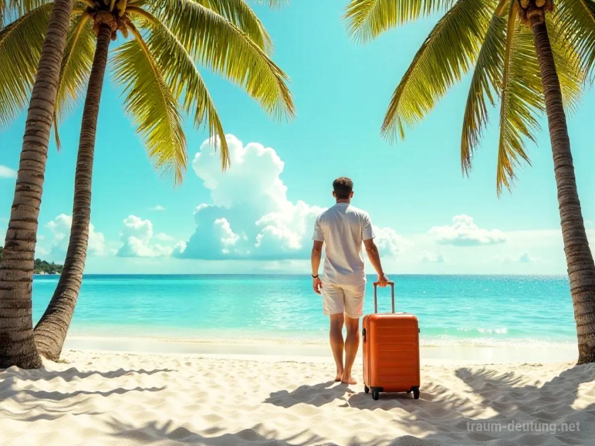 Person mit Koffer steht am Eingang eines sonnigen Ferienortes am Meer.
