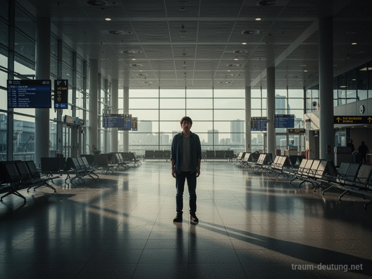 Eine Person steht allein in einem riesigen, leeren Flughafen und blickt sich verwirrt um.