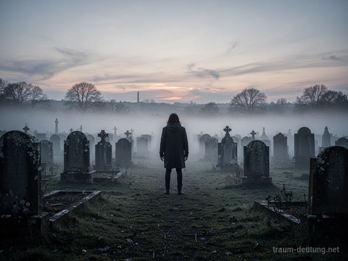 Eine einsame Person steht auf einem Friedhof im Nebel