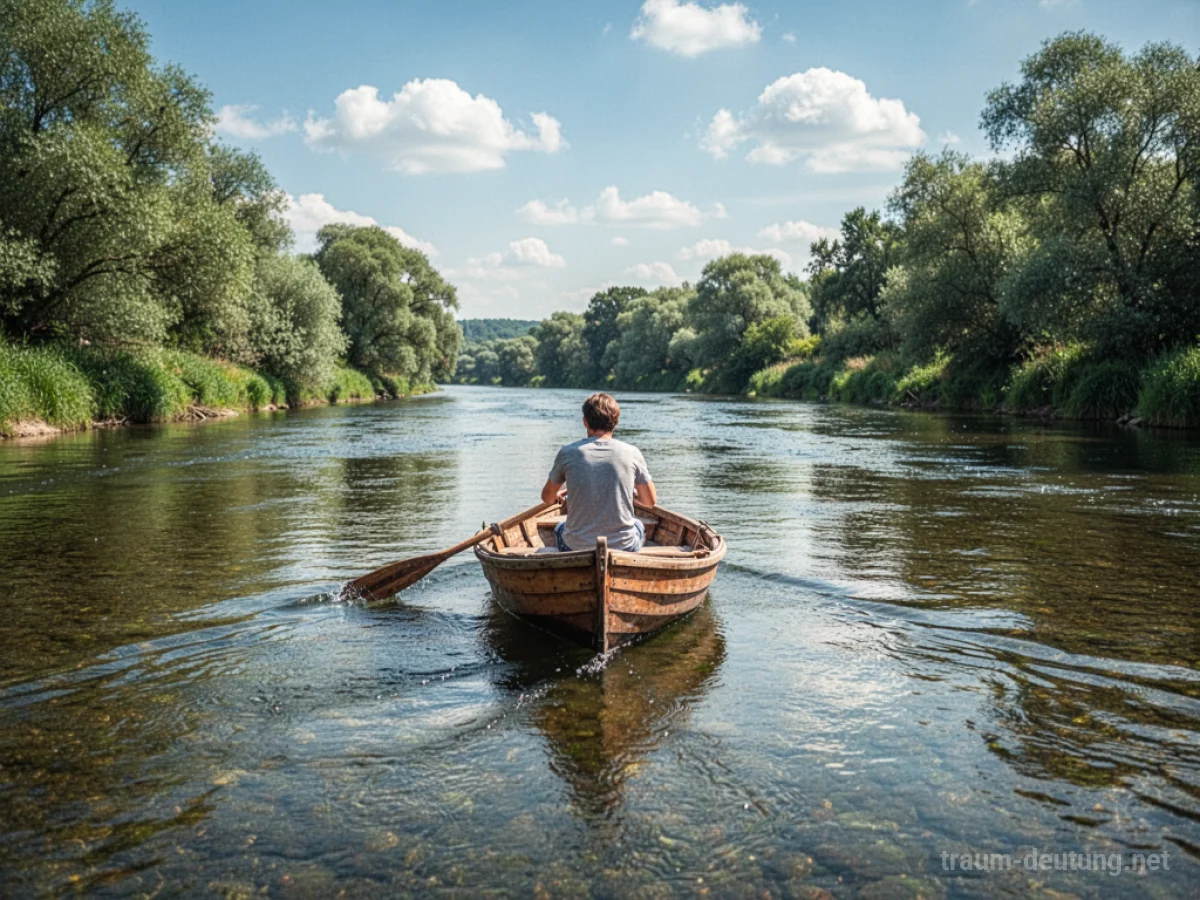 Eine Person steuert ein Boot auf einem ruhigen Fluss durch eine grüne Landschaft.