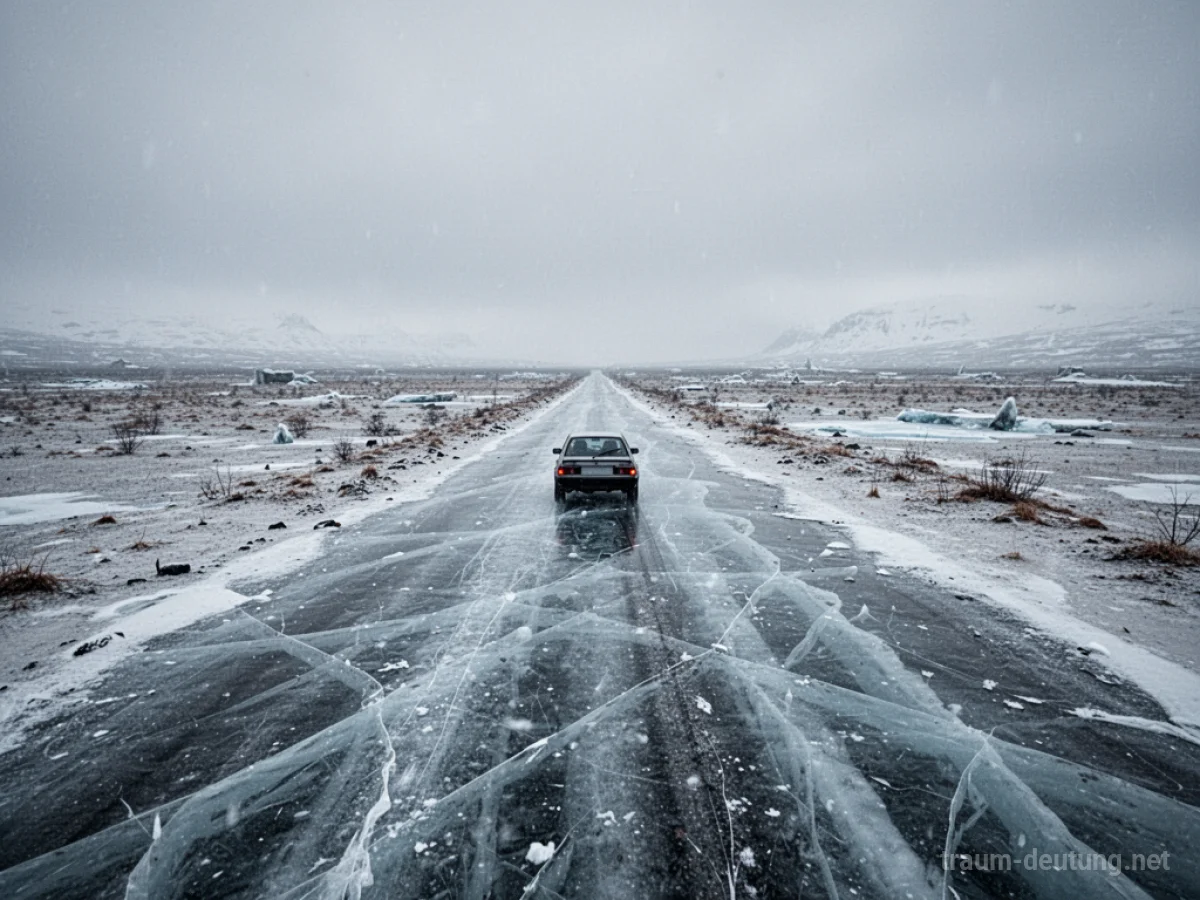 Auto fährt auf spiegelglatter Eisstraße in karger, winterlicher Landschaft