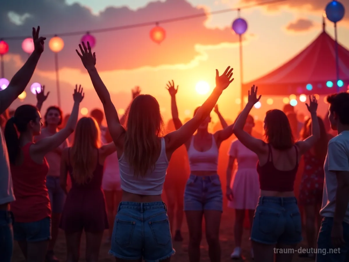 Menschen tanzen fröhlich auf einem bunten Fest im Abendlicht