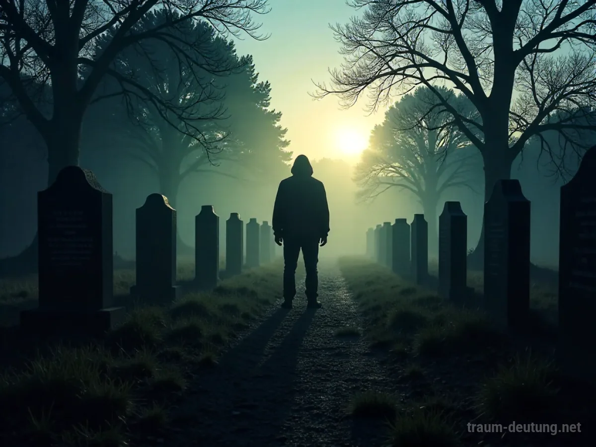Eine einzelne Person steht auf einem Friedhof im Zwielicht, Schatten umgeben sie.