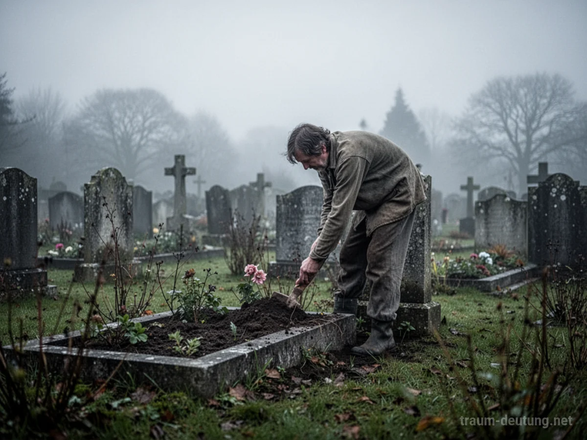 Eine Person arbeitet auf einem Friedhof an einem Grab.