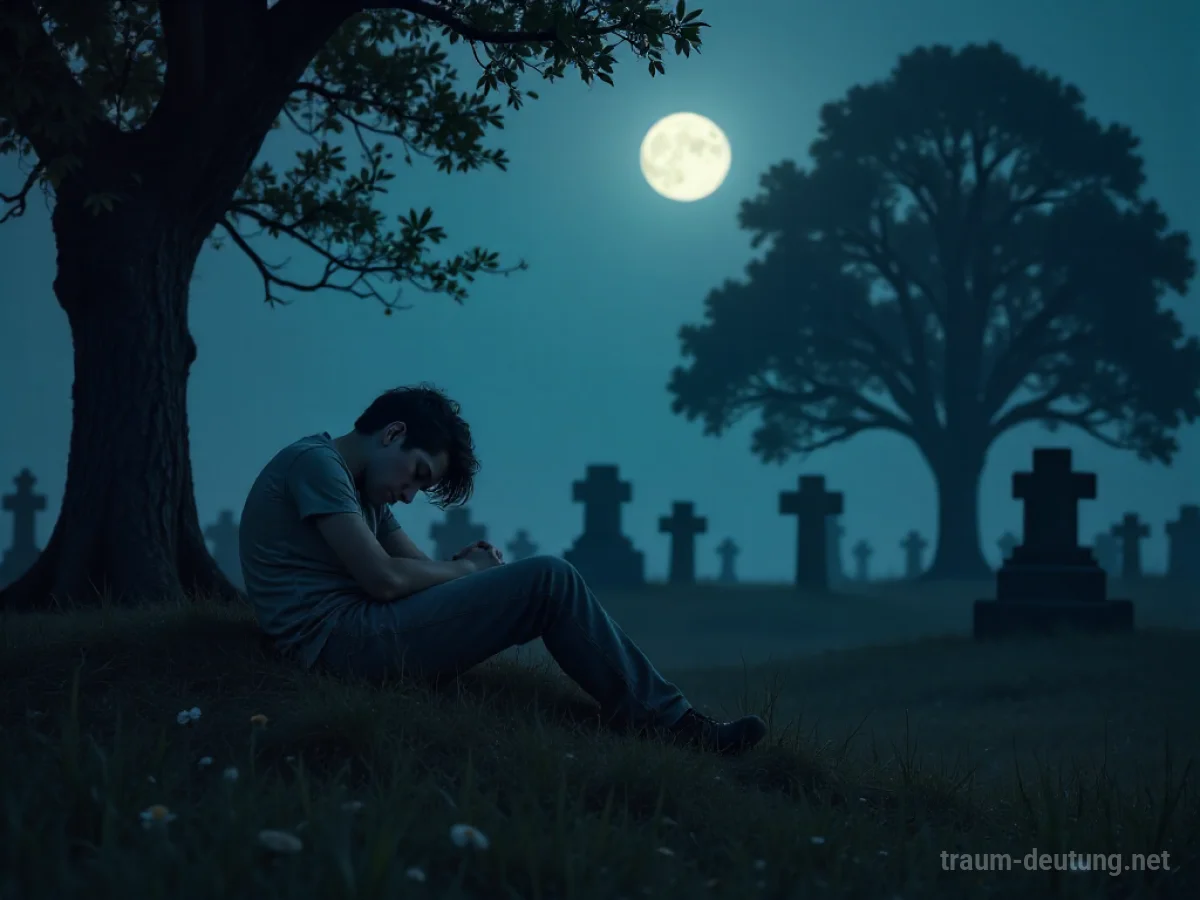 Eine Person schläft friedlich auf einem Grabstein auf einem Friedhof im Mondlicht.