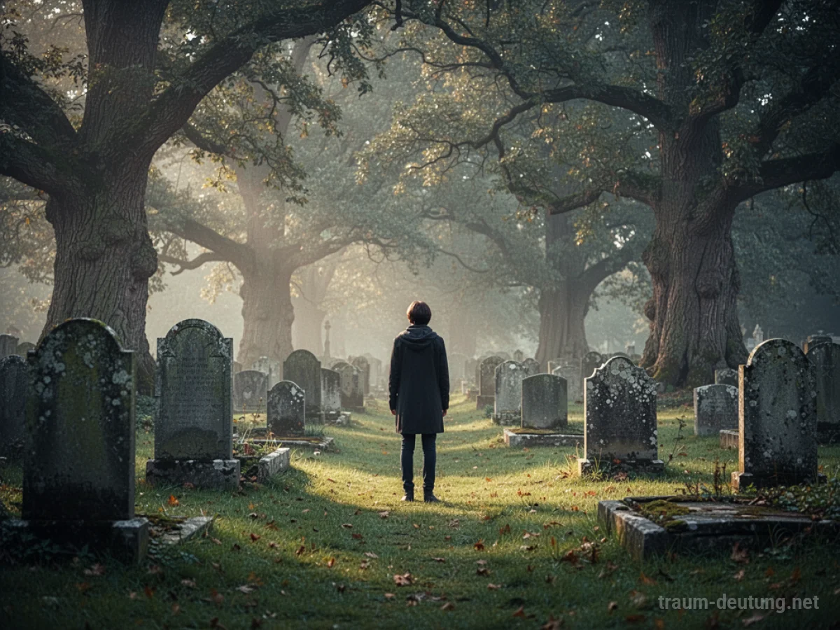 Eine Person steht allein auf einem Friedhof zwischen Grabsteinen.