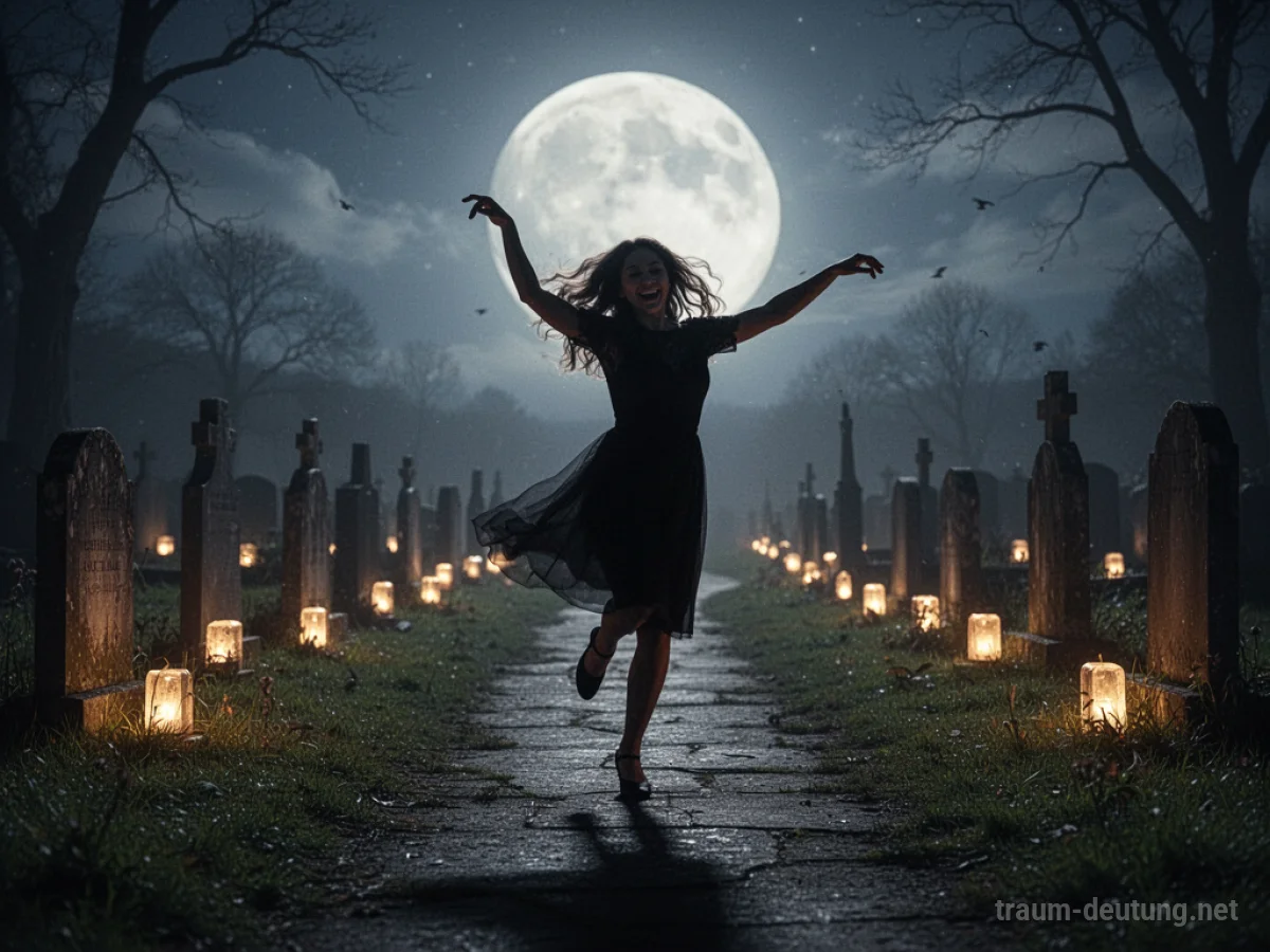 Silhouette einer tanzenden Person auf einem Friedhof im Mondlicht