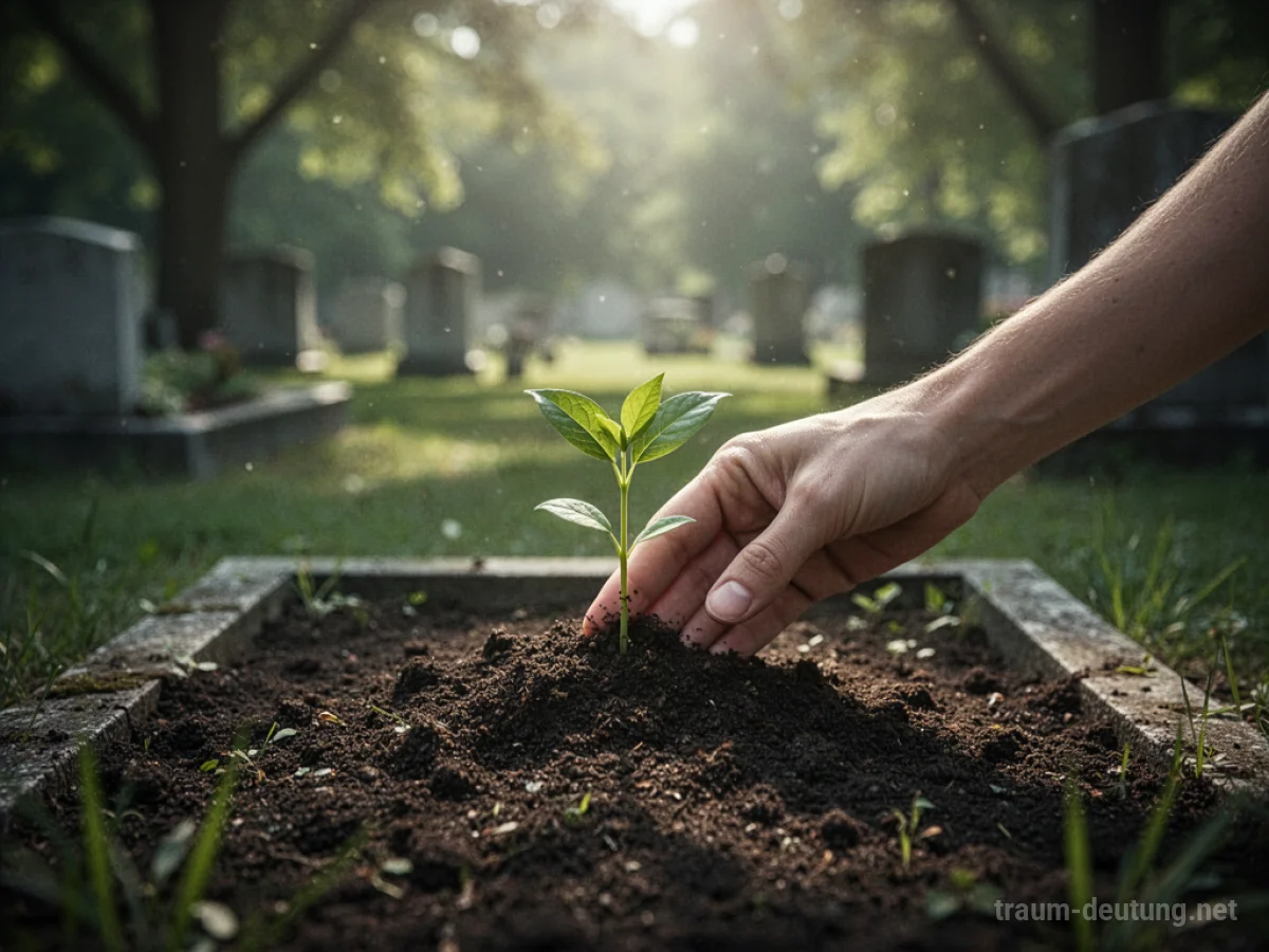 Hand pflanzt einen grünen Spross auf einem Grab auf einem Friedhof.