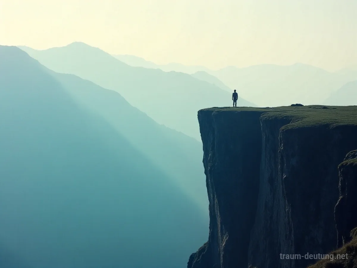 Person steht am Rand einer hohen Klippe mit Blick auf eine neblige Landschaft.