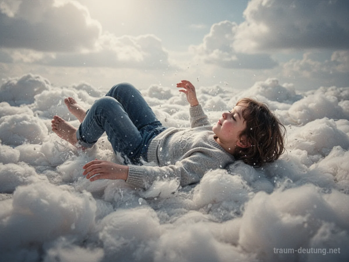 Person fällt sanft auf eine weiche, wolkenartige Fläche