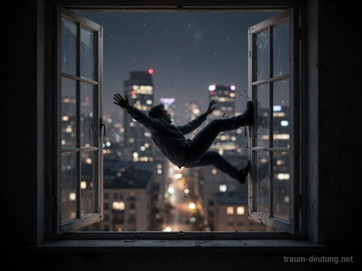 Silhouettenhafte Person fällt aus einem Fenster in die Tiefe.