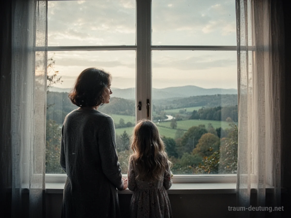 Person blickt aus einem großen Fenster in eine friedliche Landschaft.