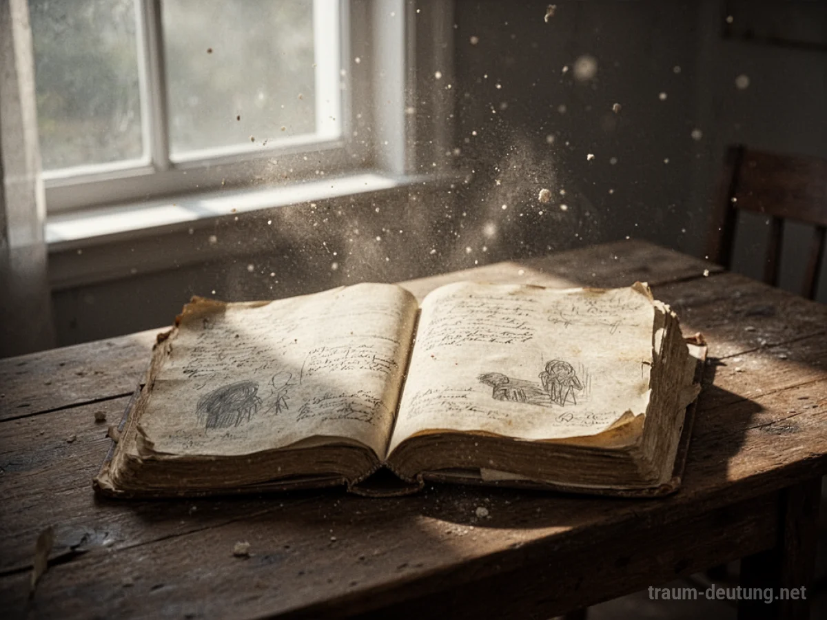 Offenes Buch mit handschriftlichen Notizen auf einem Holztisch im Sonnenlicht