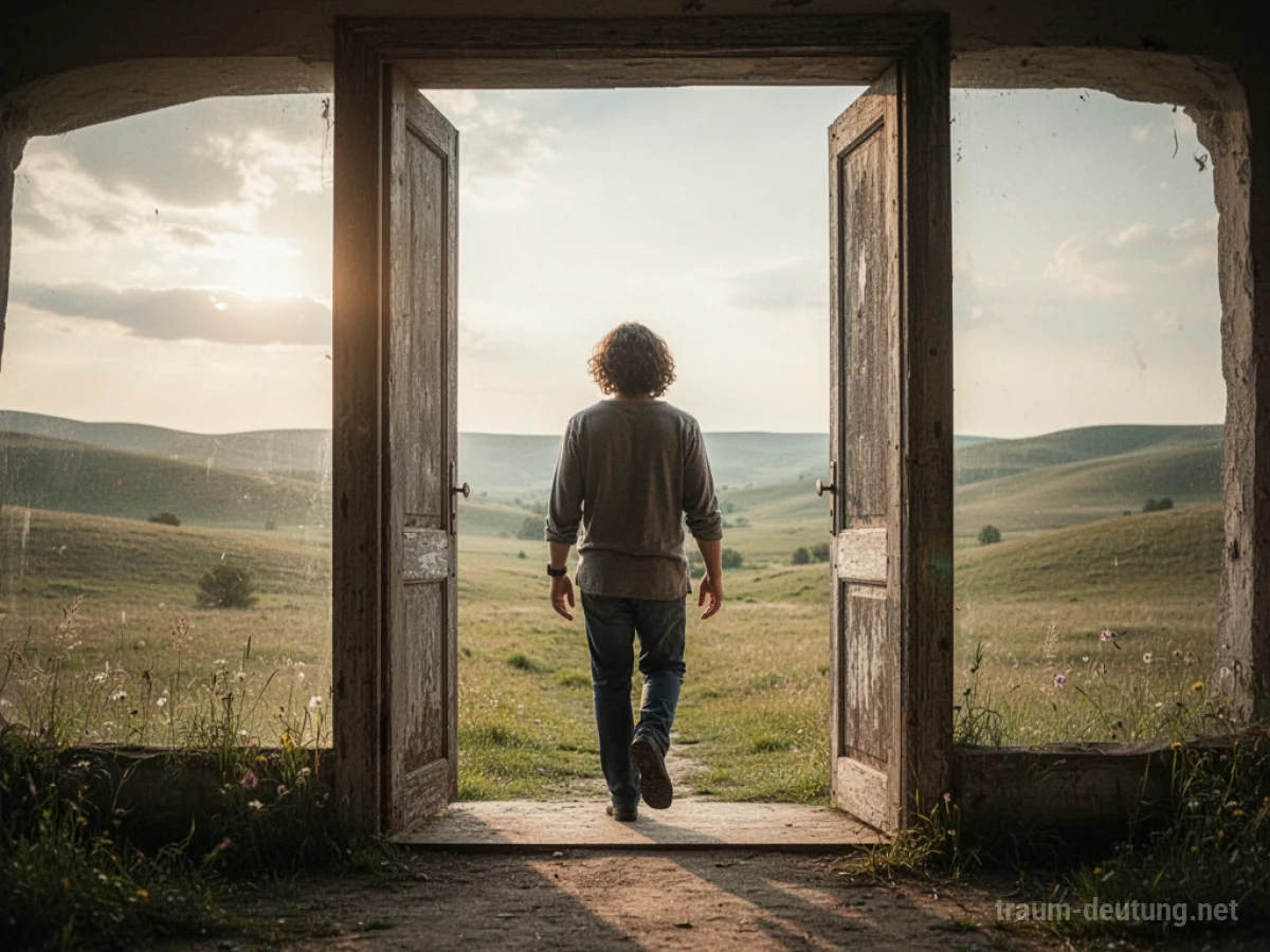 Person tritt aus einer Tür in eine weite, sonnige Landschaft