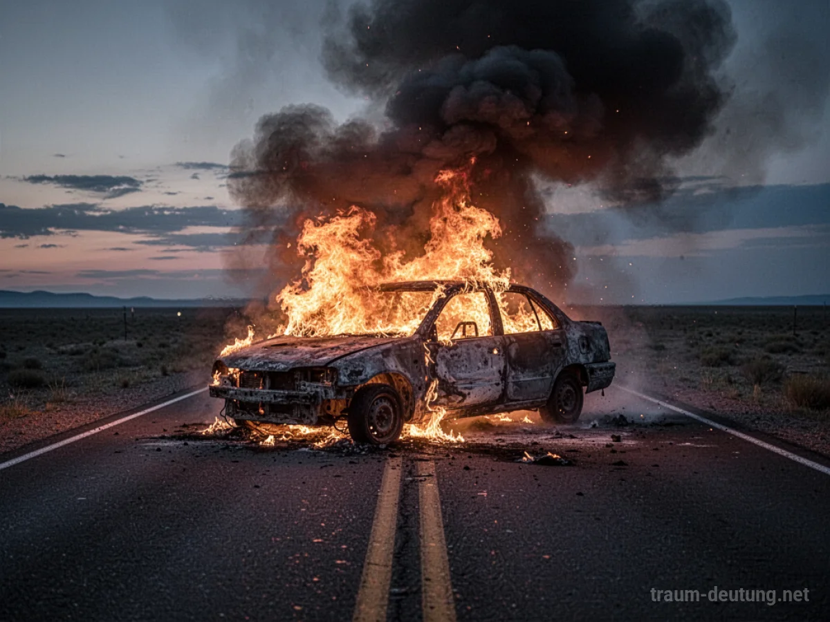 Ein Auto steht auf einer einsamen Straße und brennt lichterloh im Abendrot.
