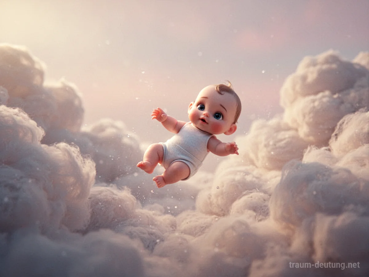 Ein kleines Baby fällt sanft durch weiche Wolken.