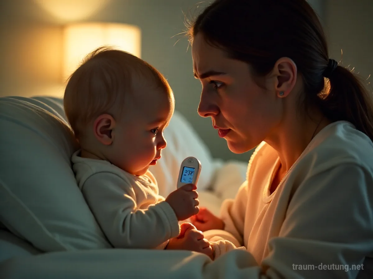Besorgte Eltern halten ein Baby mit Fieberthermometer.
