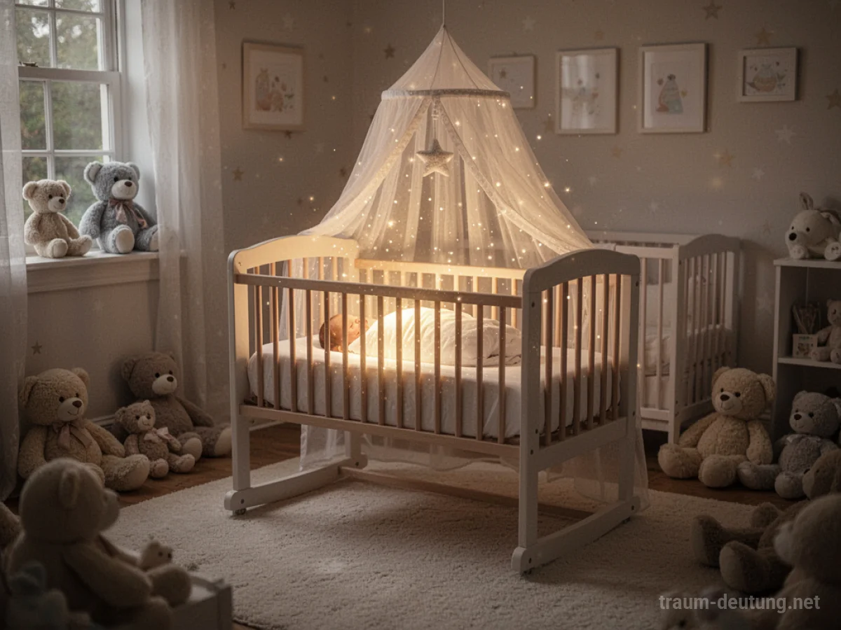 Ein Baby in einem Kinderwagen, umgeben von sanftem Licht und Spielzeug.