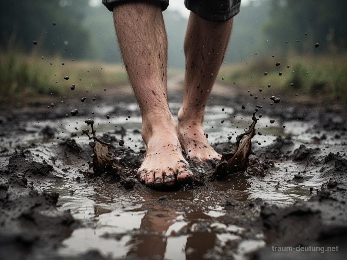 Füße, die barfuß durch dunklen Schlamm waten