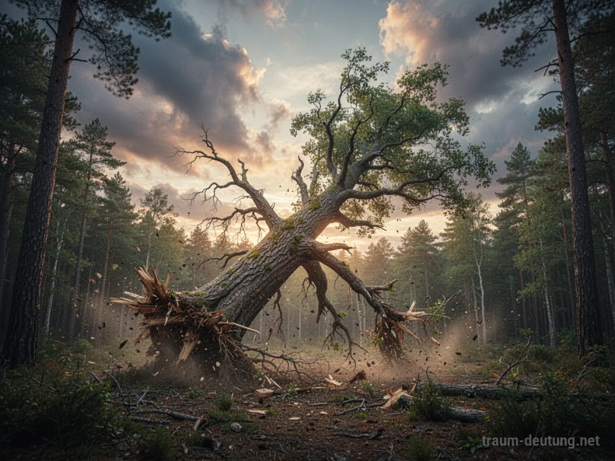 Ein großer Baum stürzt im Wald um, Äste brechen dabei.