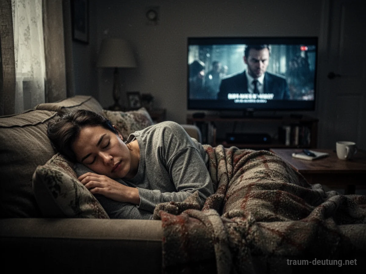 Eine Person schläft auf einer Couch im Dunkeln, während ein Film im Fernsehen läuft.
