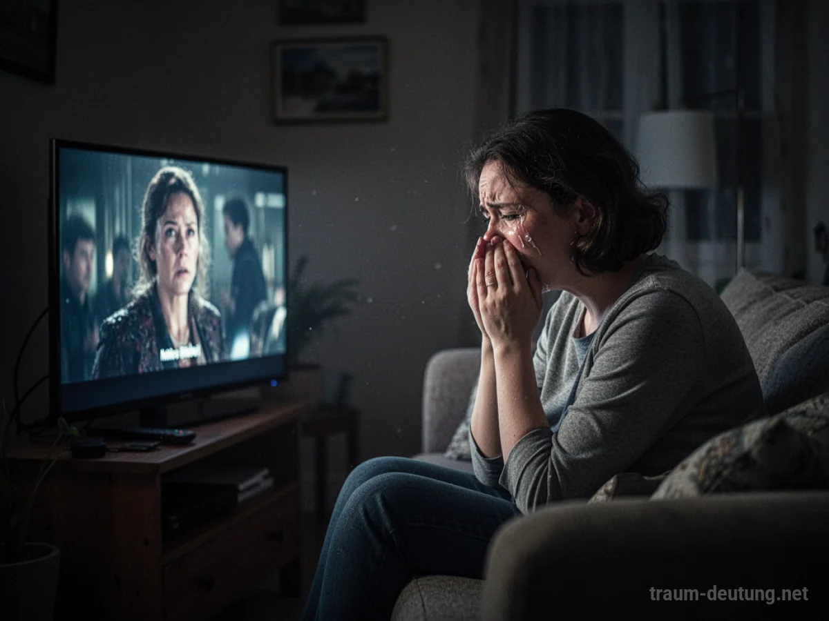 Person weint still vor einem Fernseher, der einen Film zeigt.