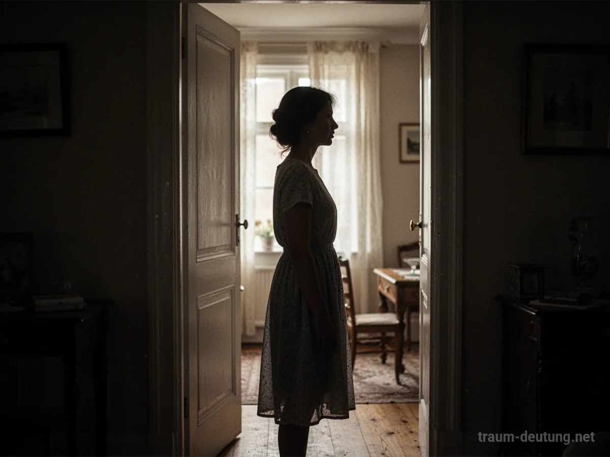 Silhouette einer Frau in einem Türrahmen, die von Licht erhellt wird.