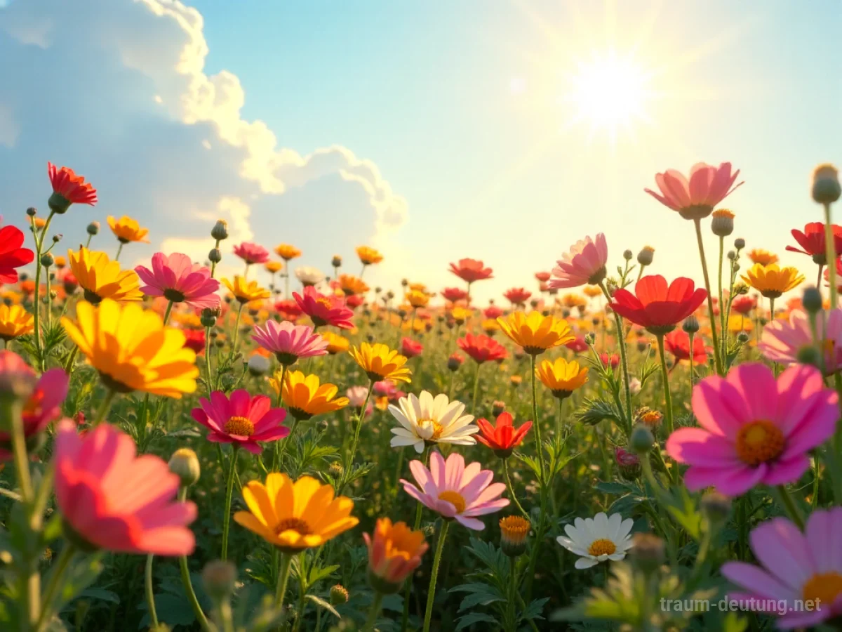 Buntes Blumenfeld in voller Blüte unter strahlender Sonne