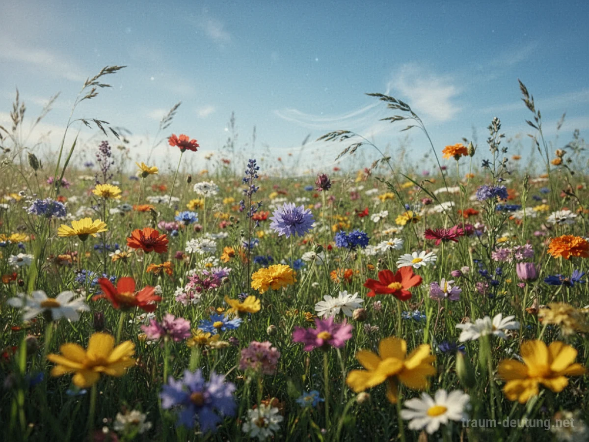 Ein sonnenbeschienenes Feld voller bunter Wildblumen.