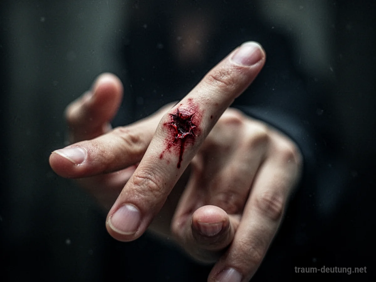 Hand mit symbolischer Wunde am Finger, ohne Blut, dunkler Hintergrund