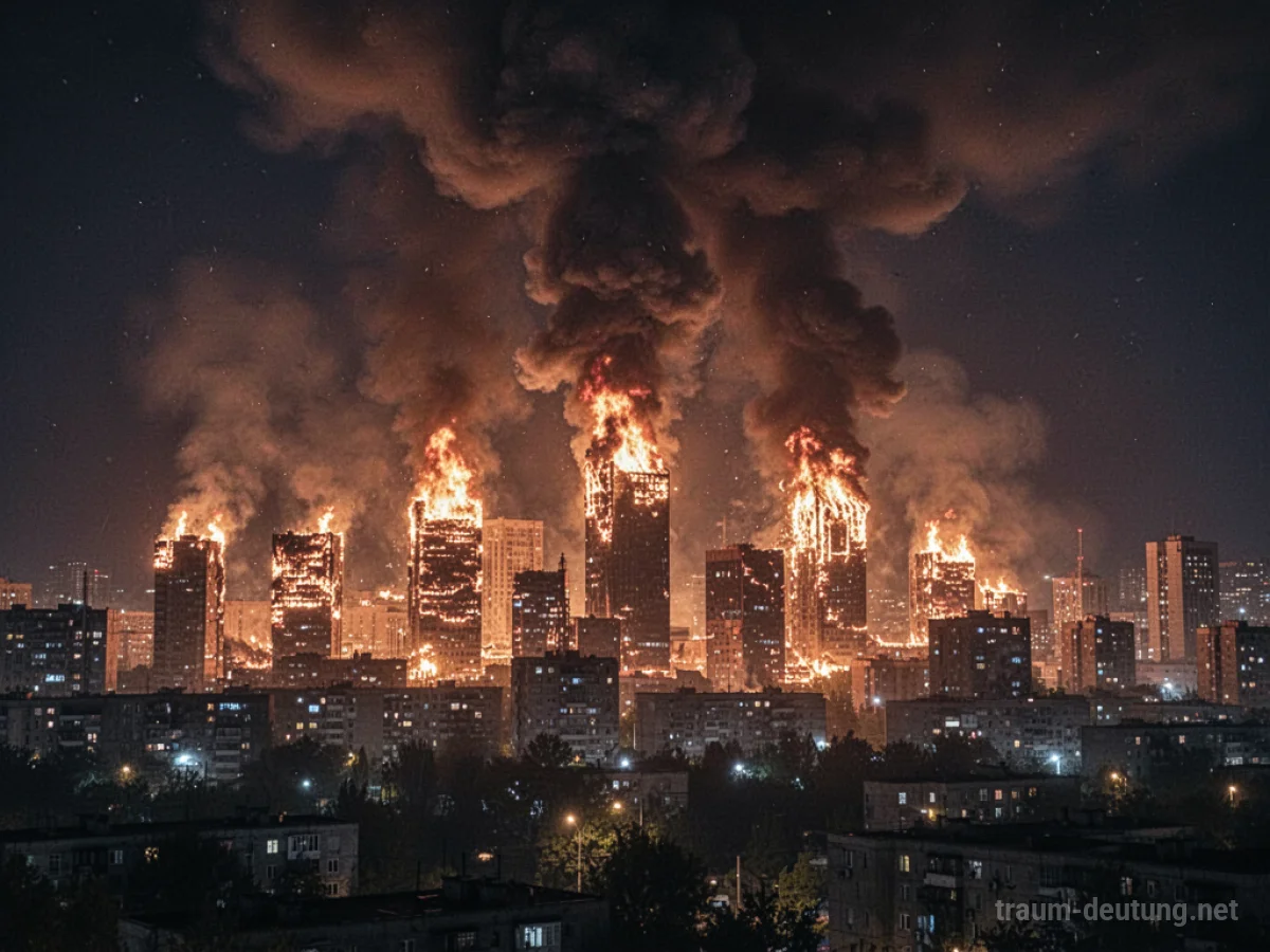 Eine Stadt brennt bei Nacht, Flammen lodern und Rauch steigt auf.