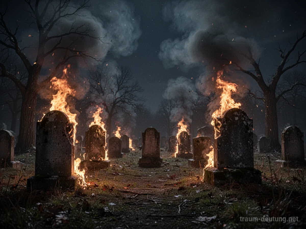 Brennender Friedhof mit Flammen und Rauch bei Nacht