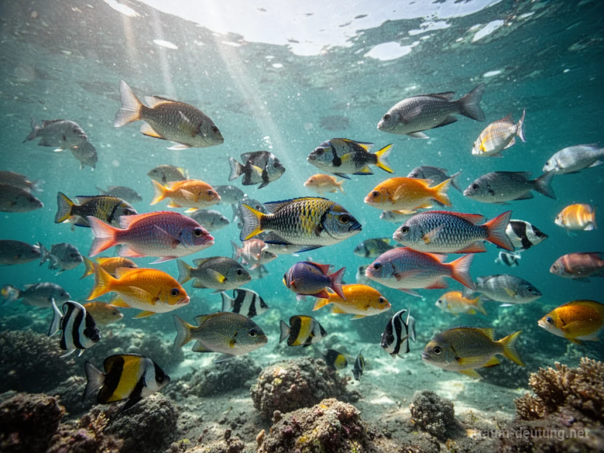 Viele bunte Fische schwimmen in klarem, sonnigem Wasser.
