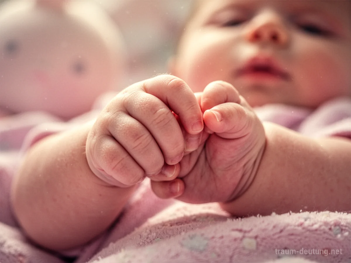 Babyhand, die nach dem Daumen greift, sanfte Farben.