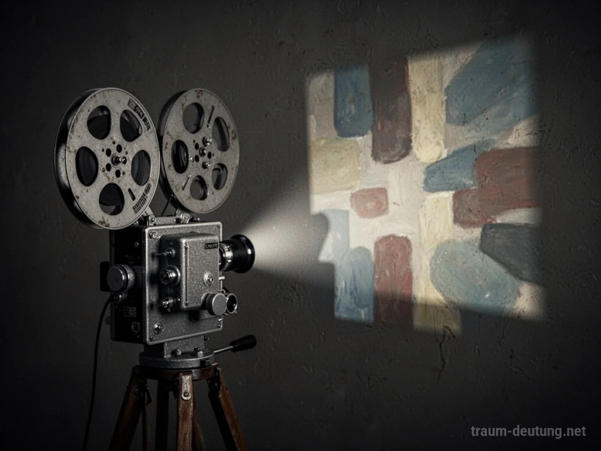 Alter Filmprojektor wirft Lichtstrahl auf dunkle Wand mit bunten Formen