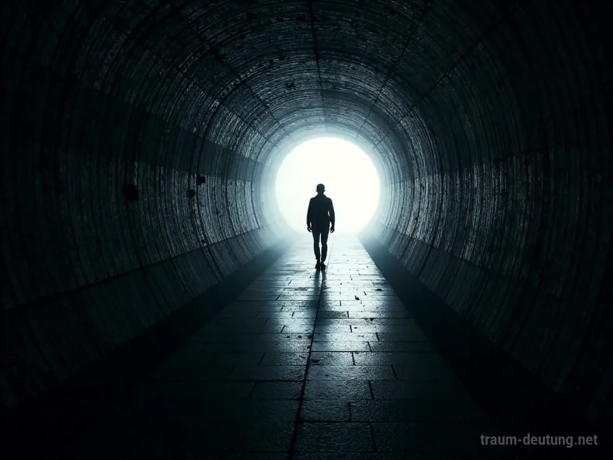 Eine Person fliegt durch einen dunklen Tunnel auf ein Licht zu.