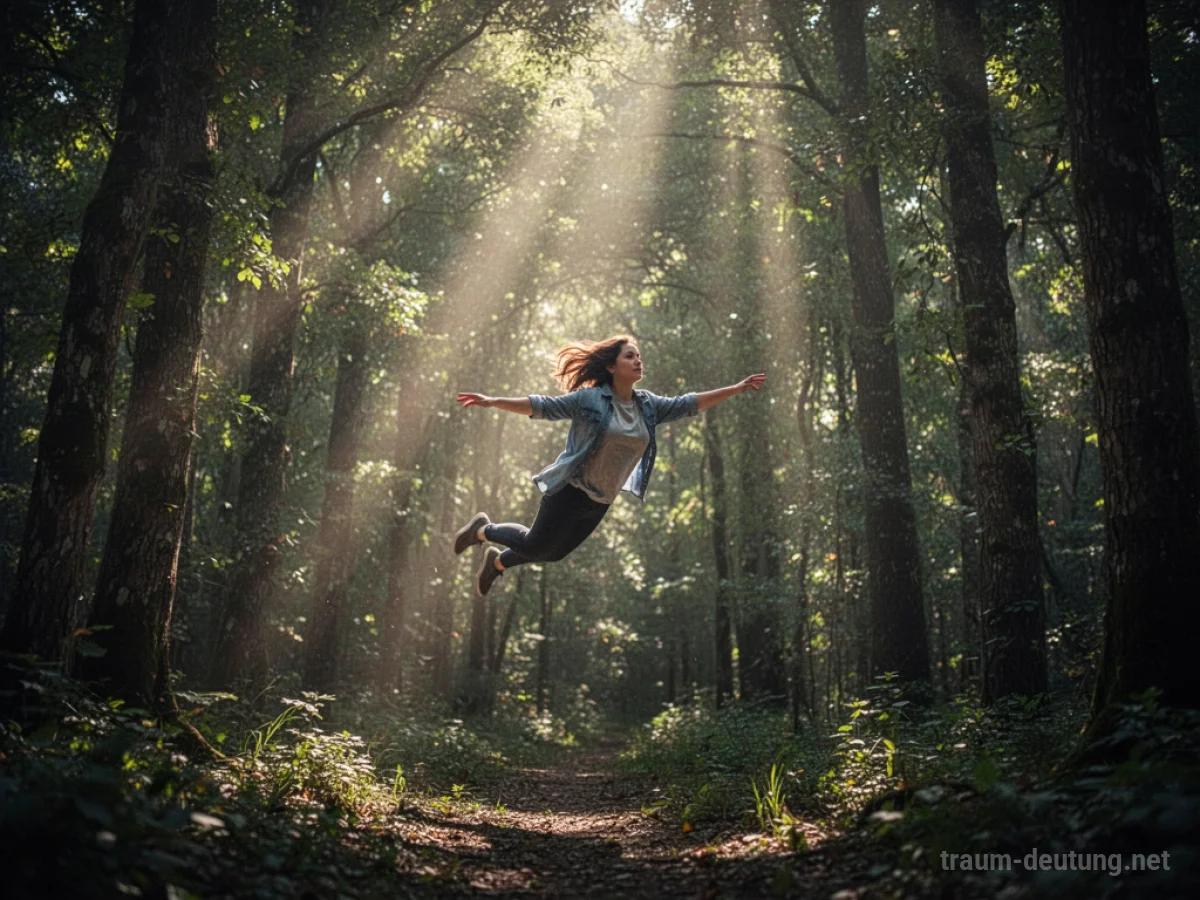 Eine Person fliegt hoch durch einen dichten, sonnenbeschienenen Wald.