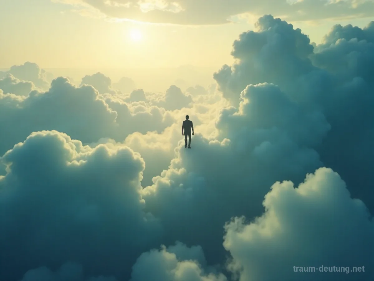 Eine Person fliegt durch dichte Wolken, Sonnenlicht scheint hindurch.