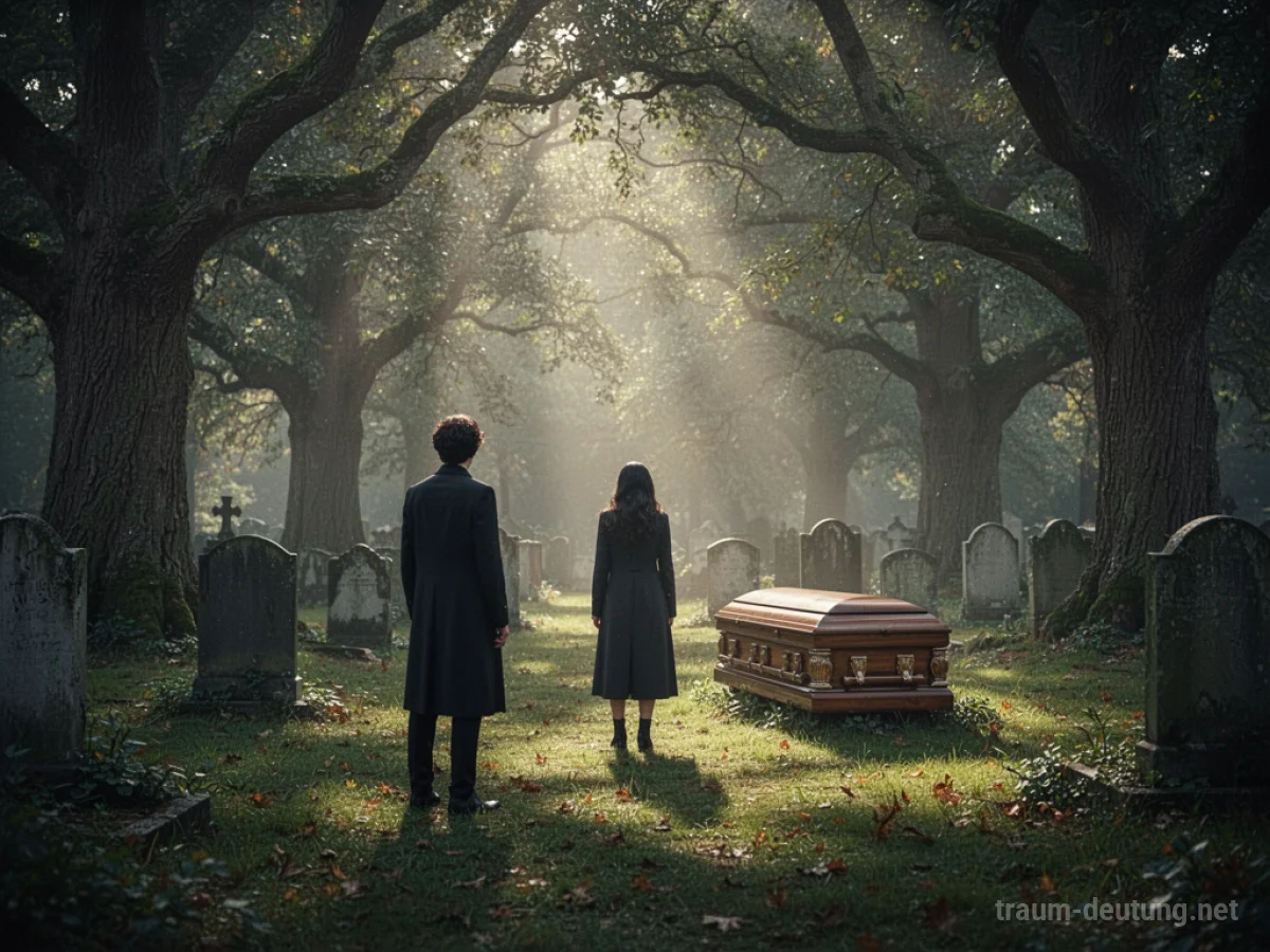Eine Person steht auf einem Friedhof und blickt auf eine weit entfernte, geschlossene Sarg.