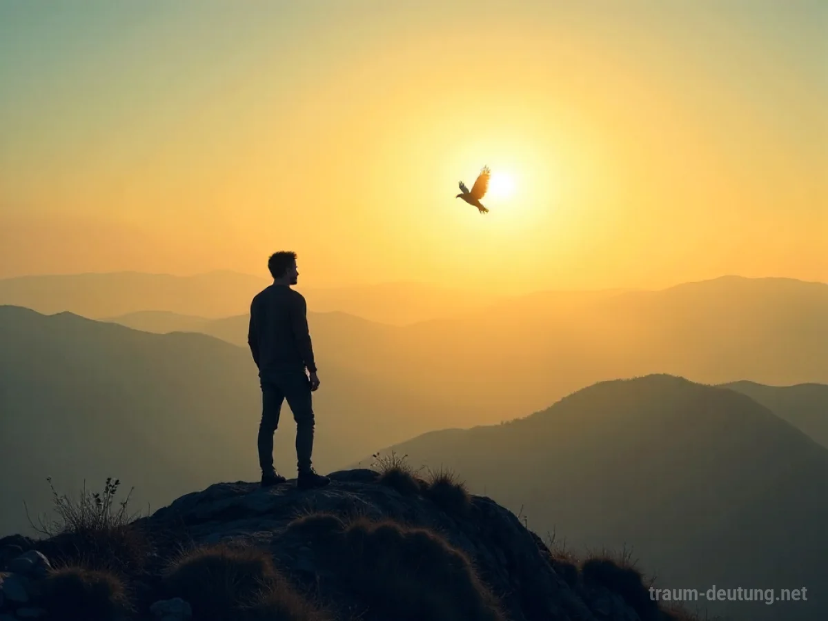 Silhouette eines Menschen, der sich in einen Vogel verwandelt und über eine Landschaft fliegt.