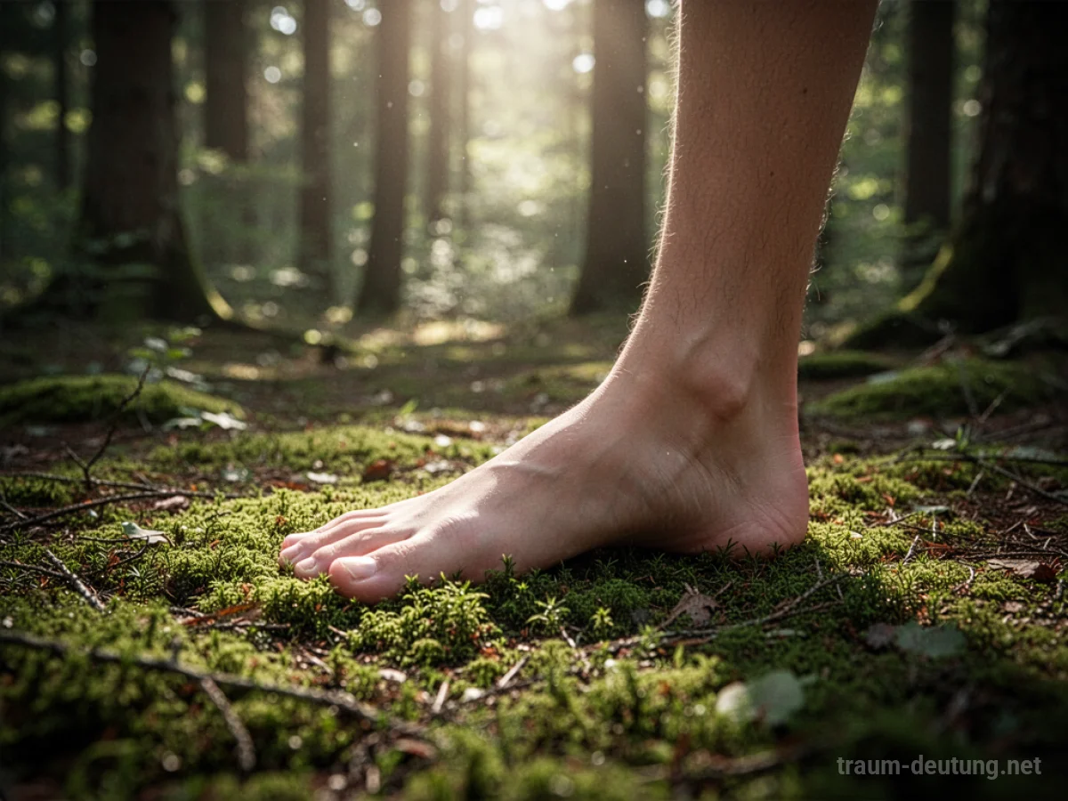 Ein einzelner menschlicher Fuß auf Waldboden im Sonnenlicht.