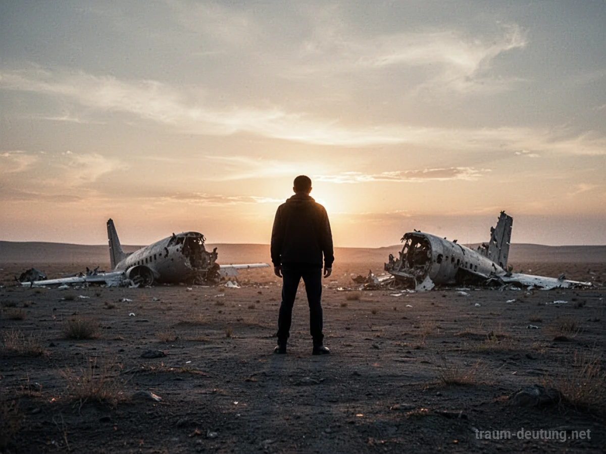 Ein einzelner Mensch steht nach einem Flugzeugabsturz in einer kargen Landschaft und blickt dem Sonnenaufgang entgegen.