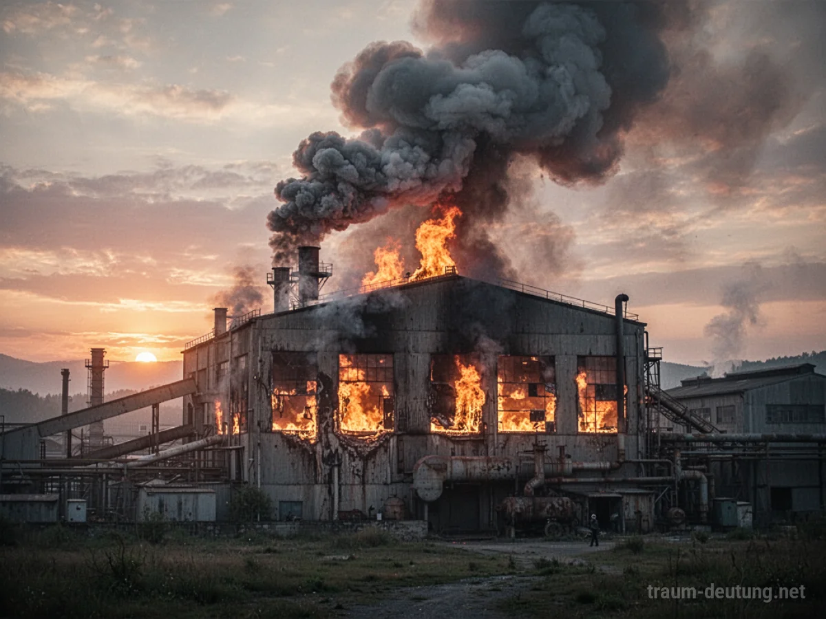 Brennende Fabrik mit Rauch und Flammen im Abendrot