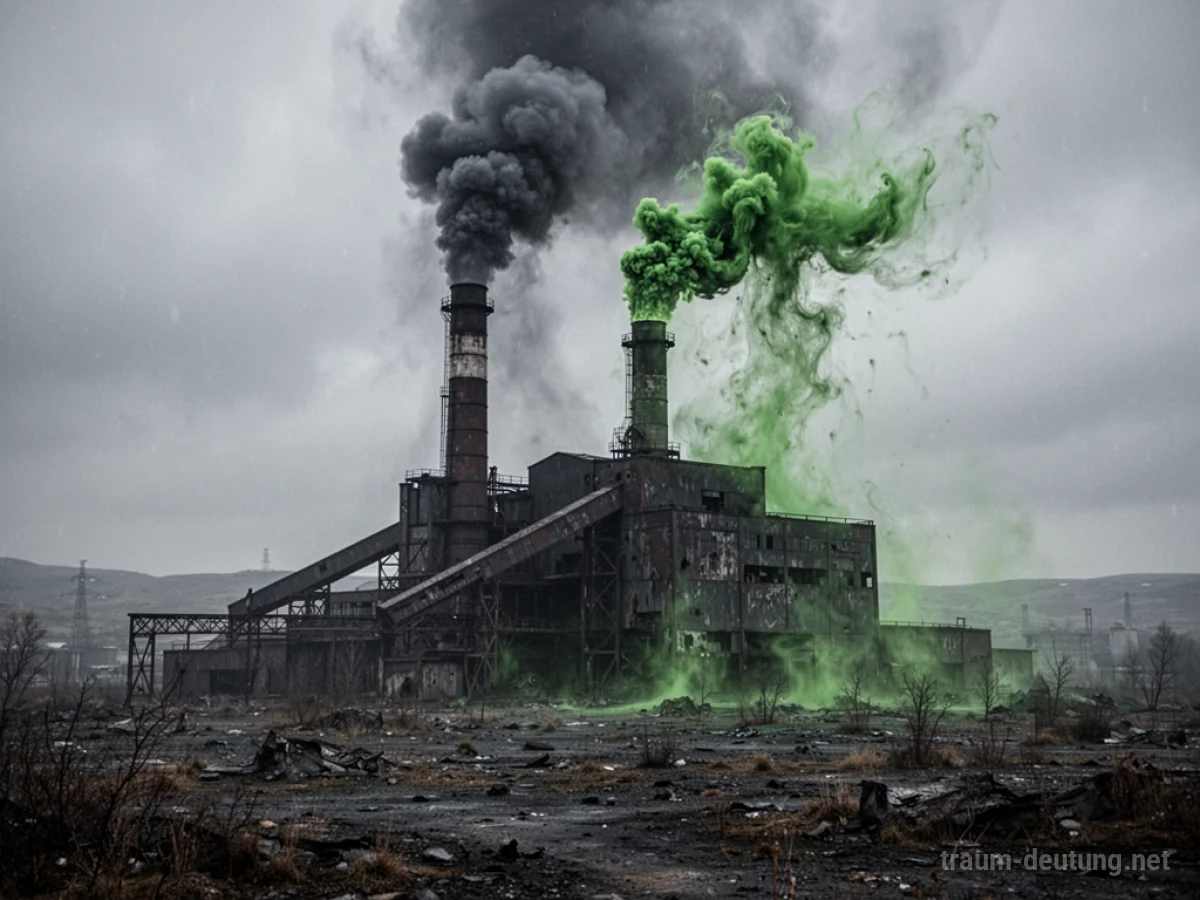Dunkle Fabrik, die giftigen Rauch über einer trostlosen Landschaft ausstößt.