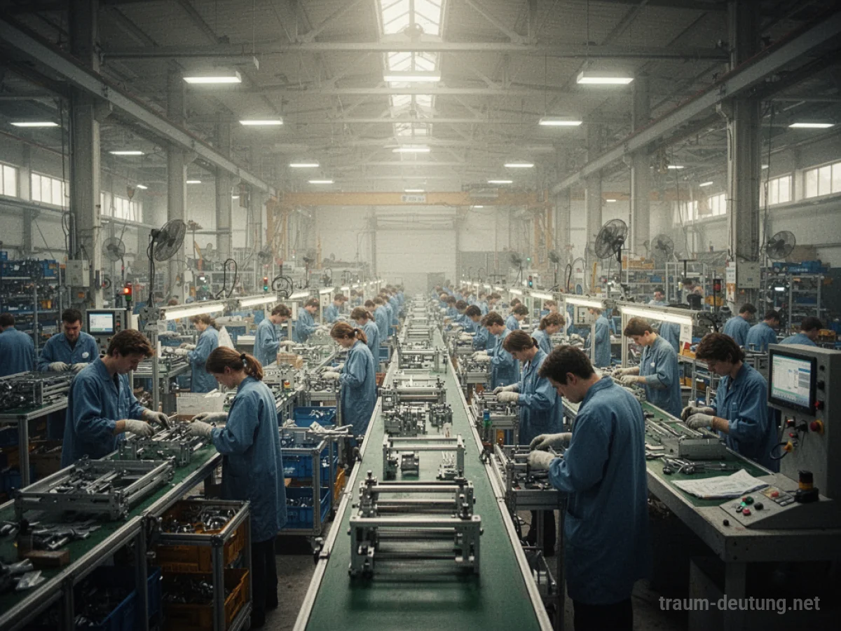 Fabrik mit vielen Arbeitern, die an einer Produktionslinie arbeiten