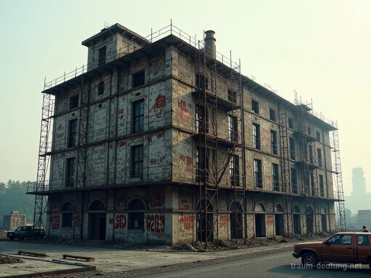 Fabrik im Umbau mit Gerüsten und Arbeitern