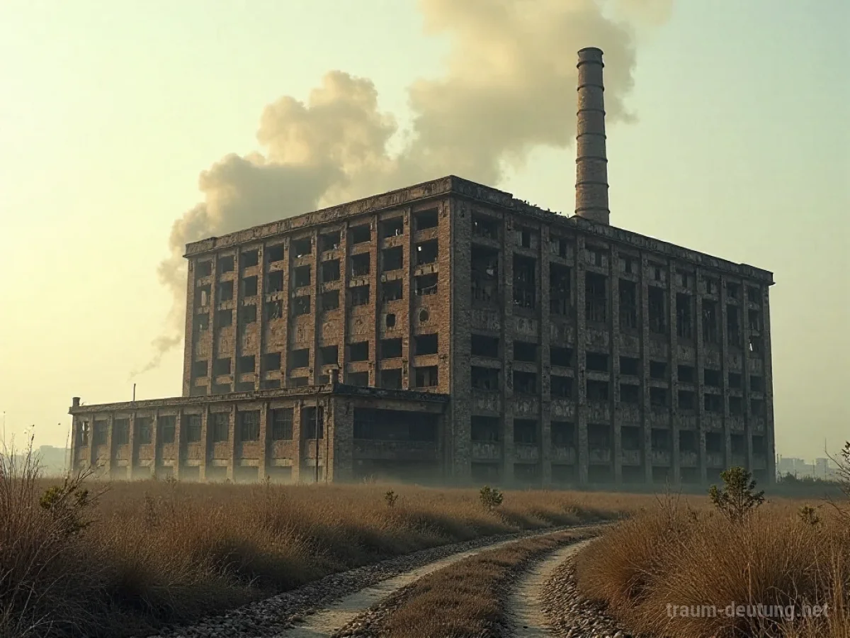 Abgerissene Fabrik mit Staubwolken und Trümmern.