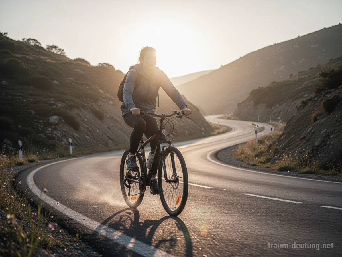 Person fährt mit Fahrrad einen Berg hinauf auf einer Straße.
