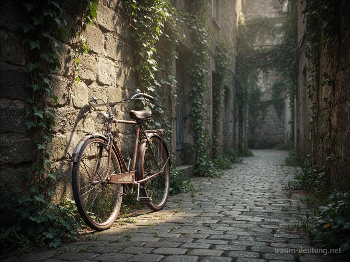 Ein altes Fahrrad lehnt an einer sonnenbeschienenen Steinmauer in einer Gasse.